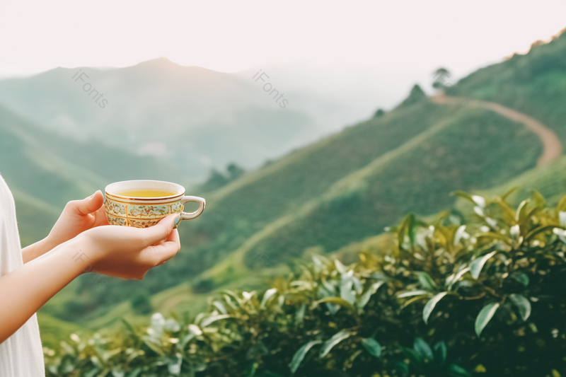 茶田里的采茶姑娘拿着茶杯背景图,高清,摄影图,摄影图片,图片大全,摄影图免费下载